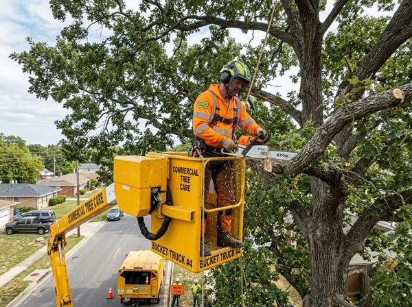 Arborist working in aerial bucket truck in Connecticut