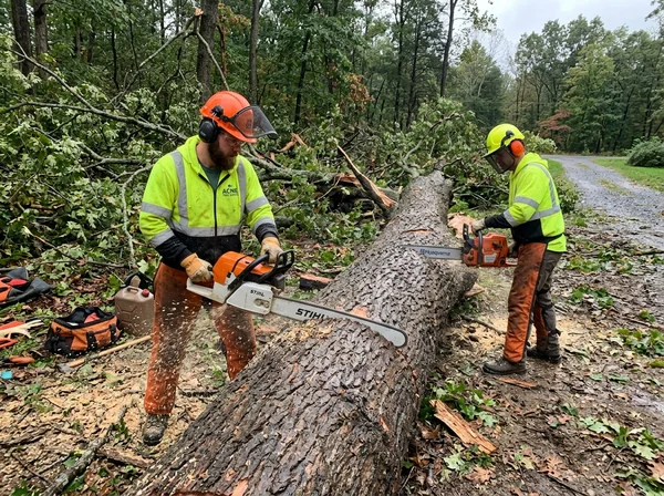 Tree service crew ground team cutting logs in Connecticut