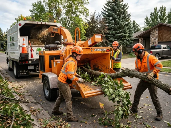 Crew feeding limbs into commercial wood chipper in Connecticut