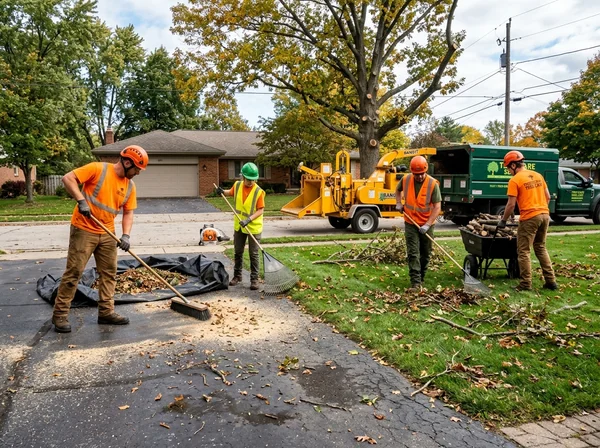 Ground crew clearing storm debris and sawdust in Connecticut