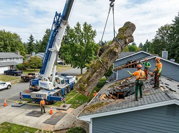Heavy crane lifting storm tree off roof in Connecticut