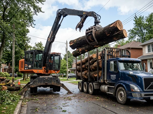 Grapple truck loading heavy logs in Connecticut