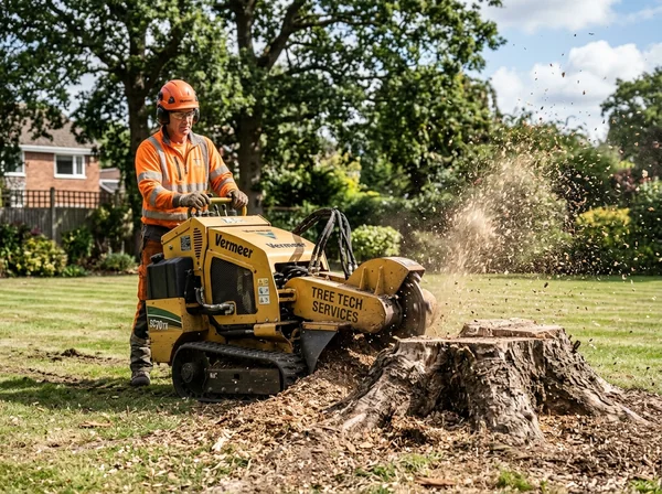 Operator grinding tree stump in lawn in Connecticut