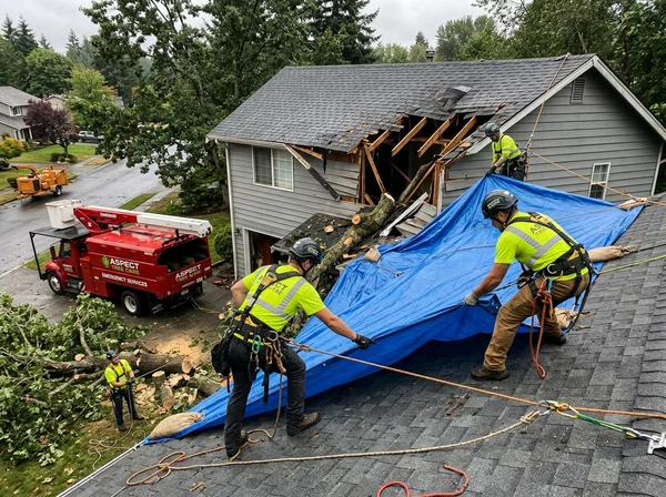 Emergency tree crew installing roof tarp after storm in Connecticut